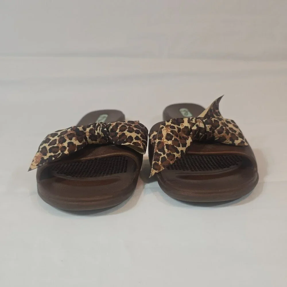 Oka-B Madison Slide Sandals Women Size ML US 8.5-9.5 Brown Leopard Bows Comfort